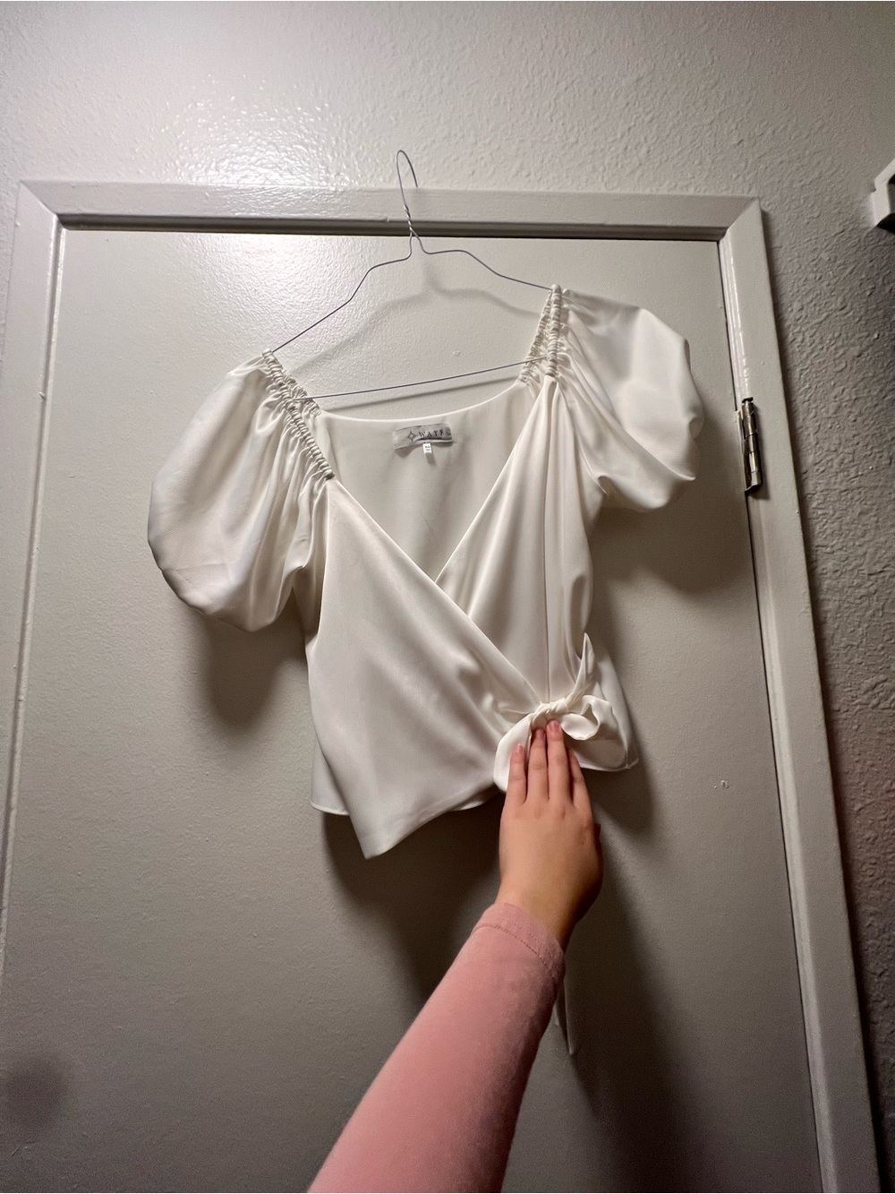 Wayf Cream Wrap Puff-Sleeve Blouse with Tie Front